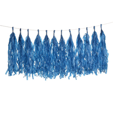 12 Pack Pre-Tied Navy Blue Paper Fringe Tassels With Garland String Hanging Streamer Banner