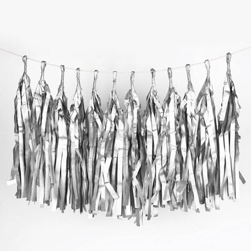 12 Pack Pre-Tied Silver Paper Fringe Tassels With Garland String, Hanging Streamer Banner