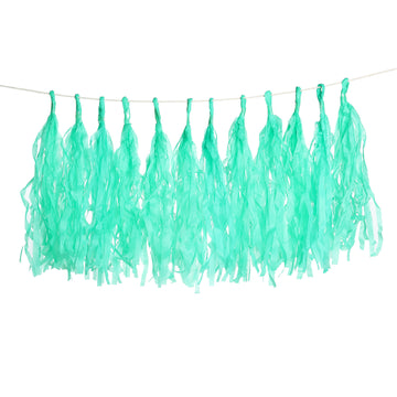 12 Pack Pre-Tied Teal Tissue Paper Tassel Garland With String, Hanging Fringe Party Streamer Backdrop Decor