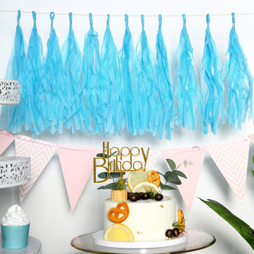 12 Pack Pre-Tied Turquoise Tissue Paper Tassel Garland With String, Hanging Fringe Party Streamer Backdrop Decor