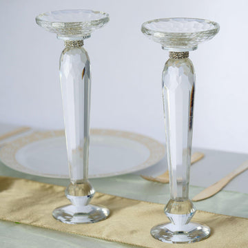 2 Pack 11" Premium Cut Crystal Glass Pillar Candle Holder Stands, Kissing Ball Flower Pedestals