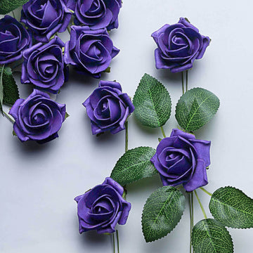 24 Roses 2" Purple Artificial Foam Flowers With Stem Wire and Leaves