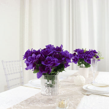 12 Bushes Purple Artificial Premium Silk Blossomed Rose Flowers 84 Roses