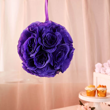 2 Pack 7" Purple Artificial Silk Rose Kissing Ball, Faux Flower Ball