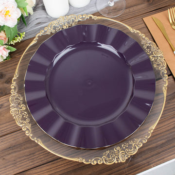 10 Pack 11" Purple Disposable Dinner Plates With Gold Ruffled Rim, Round Plastic Party Plates