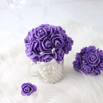 48 Roses 1" Purple Real Touch Artificial DIY Foam Rose Flowers With Stem, Craft Rose Buds