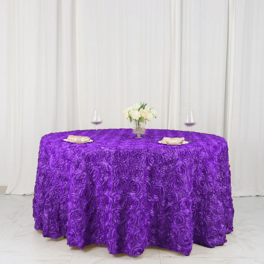 120inch Purple Grandiose 3D Rosette Satin Round Tablecloth
