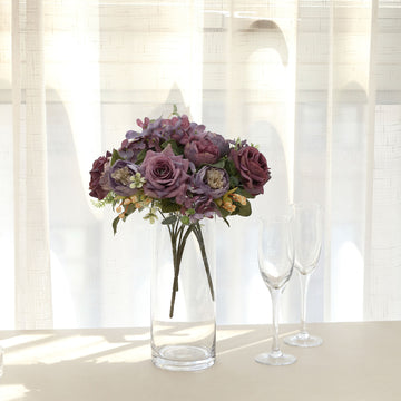 2 Pack 12" Purple Silk Assorted Peony Flower Arrangements, Artificial Floral Bouquets