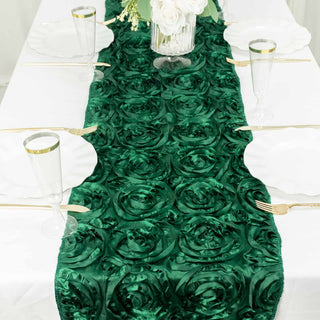 Elevate Your Event with the 14"x108" Hunter Emerald Green Grandiose 3D Rosette Satin Table Runner