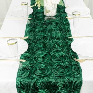 Green rose textured table runner on a white table setting.