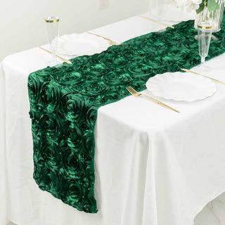 Create a Stunning Green Oasis with the Hunter Emerald Green Grandiose 3D Rosette Satin Table Runner