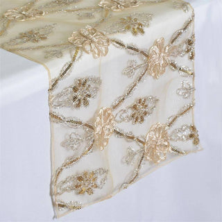 Add Elegance to Your Event with the Champagne Lace Netting Fashionista Style Table Runner