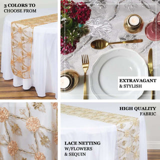 Elegant table runner with floral lace design and sequins, available in three colors.