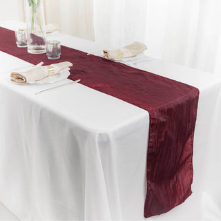 Create a Memorable Table Setting with the Burgundy Accordion Crinkle Taffeta Table Runner
