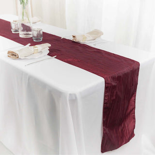 Create a Memorable Table Setting with the Burgundy Accordion Crinkle Taffeta Table Runner Create a Memorable Table Setting with the Burgundy Accordion Crinkle Taffeta Table Runner