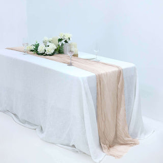 Elevate Your Décor with the 10ft Nude Beige Gauze Cheesecloth Boho Table Runner Elevate Your Décor with the 10ft Nude Beige Gauze Cheesecloth Boho Table Runner