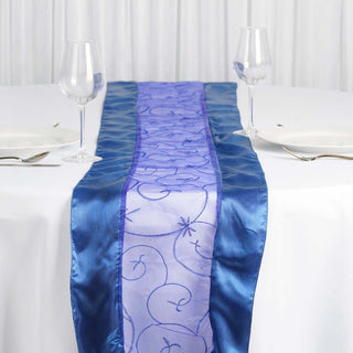 Enhance Your Table Setting with the Royal Blue Satin Embroidered Sheer Organza Table Runner Enhance Your Table Setting with the Royal Blue Satin Embroidered Sheer Organza Table Runner