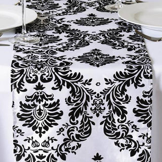 Elevate Your Event Decor with the Black Taffeta Damask Flocking Table Runner