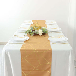 9ft Gold With Gold Foil Geometric Pattern Table Runner 9ft Gold With Gold Foil Geometric Pattern Table Runner