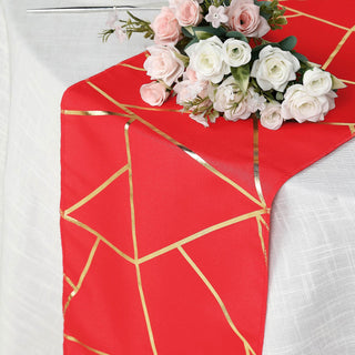 Elevate Your Event Decor with the Red/Gold Foil Geometric Pattern Polyester Table Runner