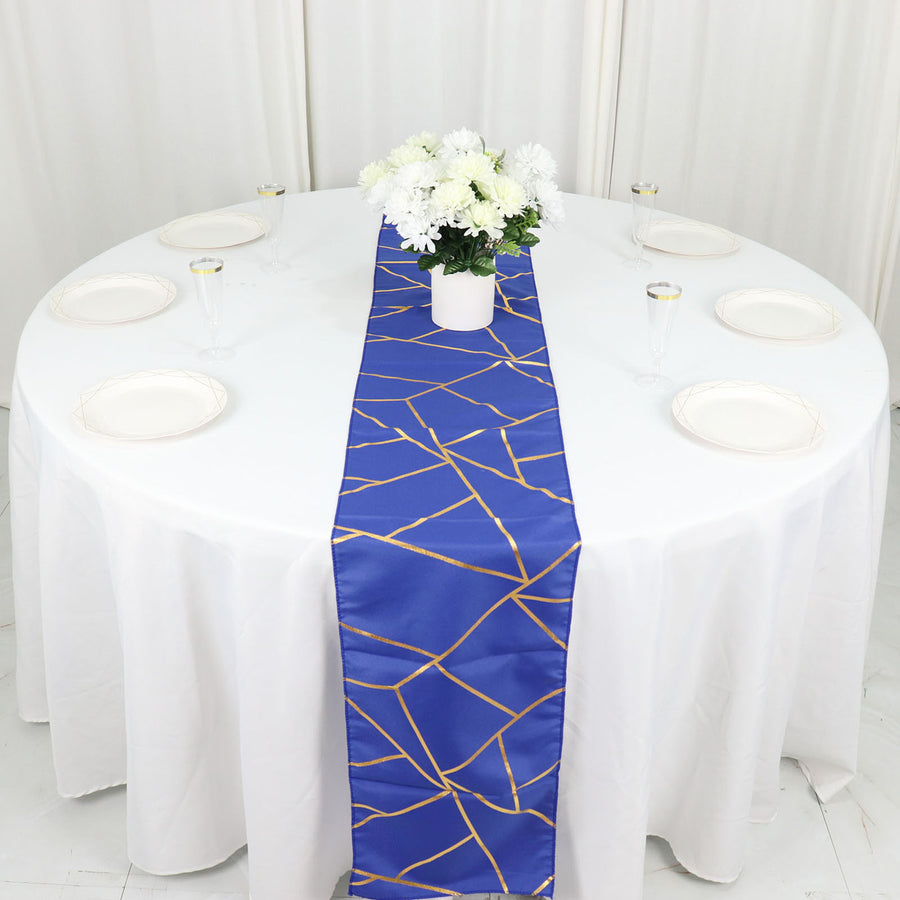 9ft Royal Blue With Gold Foil Geometric Pattern Table Runner