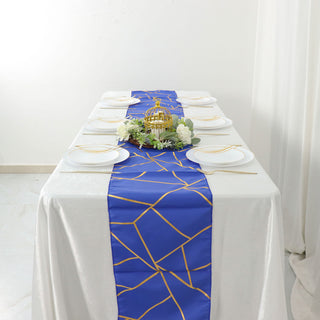 Elevate Your Tablescapes with the Royal Blue and Gold Foil Geometric Pattern Table Runner