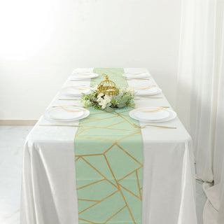 Elegant Sage Green With Gold Foil Geometric Pattern Table Runner