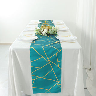 Elevate Your Tablescapes with a Stunning Teal and Gold Foil Geometric Pattern Table Runner