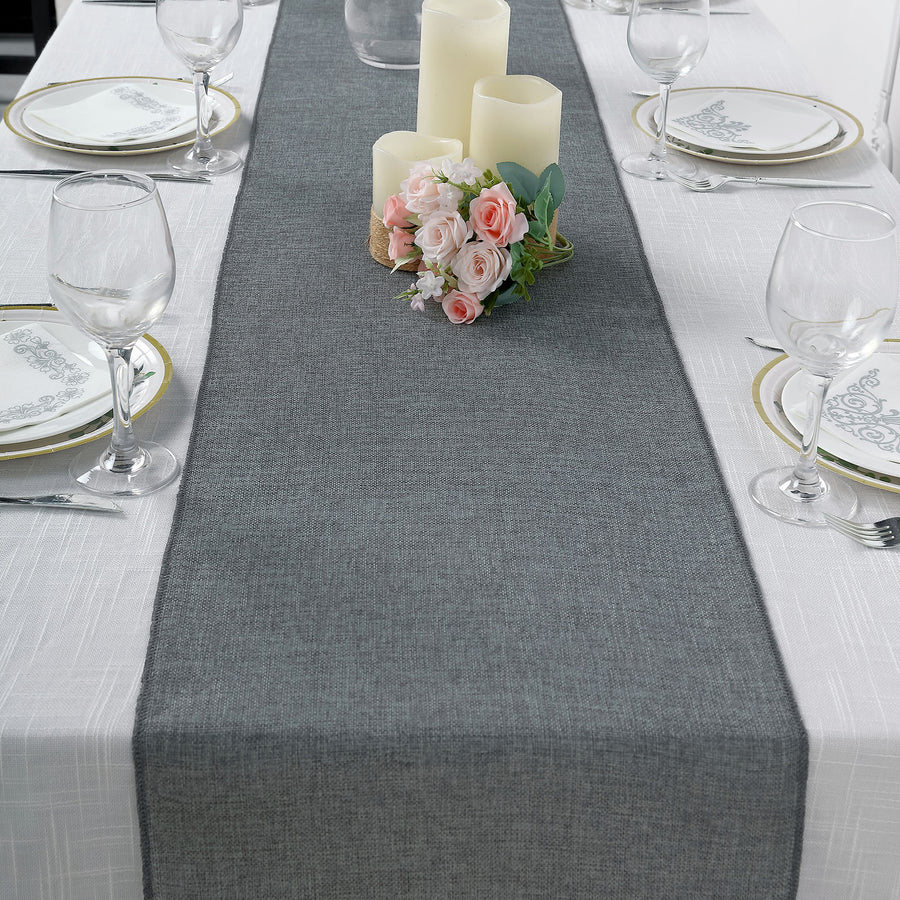 14x108Inch Charcoal Gray Boho Chic Rustic Faux Burlap Cloth Table Runner