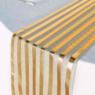 Taupe Gold Foil Stripes Rustic Faux Burlap Cloth Table Runner