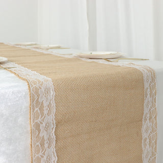 Add a Rustic Touch to Your Table with the 14"x104" Natural Jute Burlap Table Runner with White Lace Trim Edges
