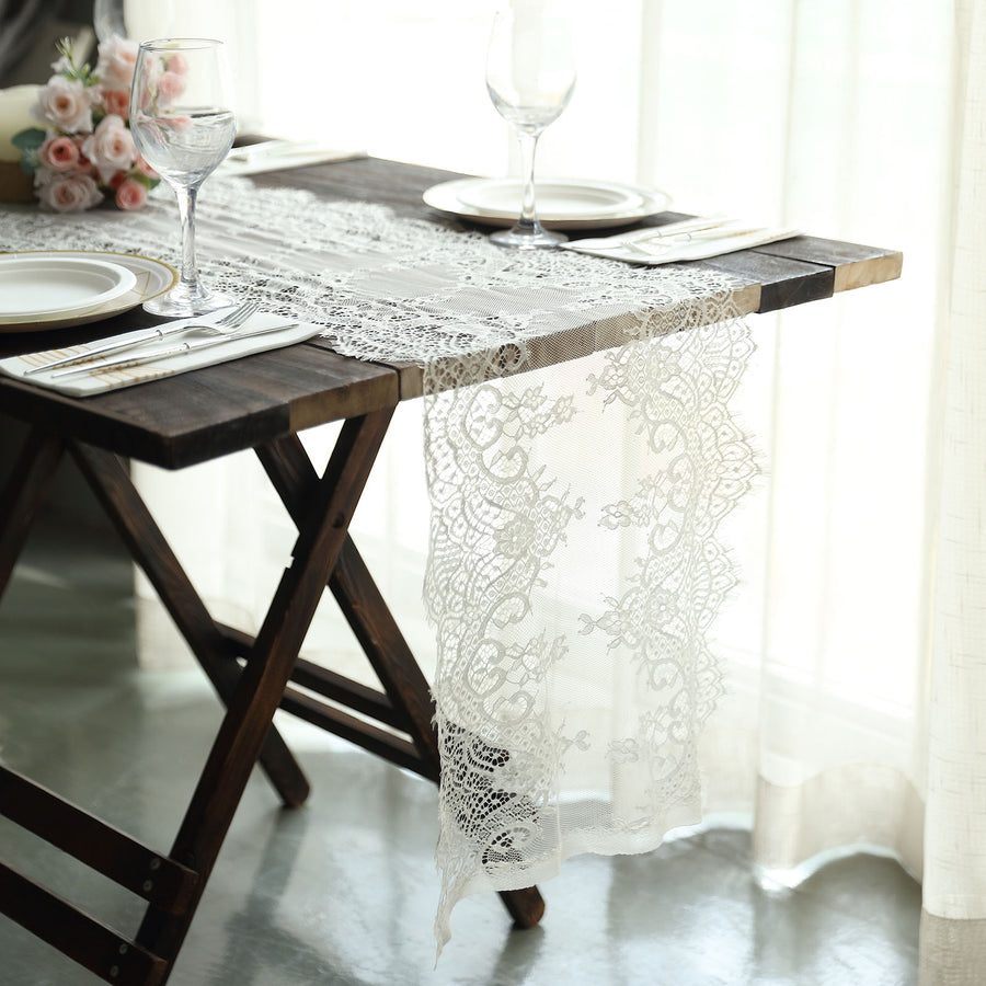 Ivory Premium Lace Fabric Table Runner, Vintage Classic Table Decor With Scalloped Frill Edges