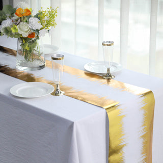 Add a Touch of Glamour with the Metallic Gold / White Icicle Print Non-Woven Foil Table Runner