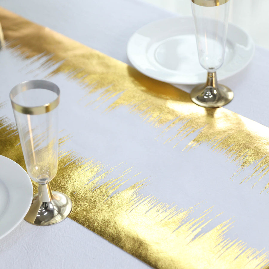 108inch Metallic Gold / White Icicle Print Non-Woven Foil Table Runner