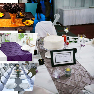 Elegant table settings with floral arrangements and decorative cakes for events.