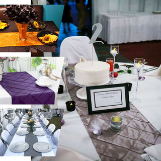 Elegant table settings for events with decorative table runners and centerpieces.