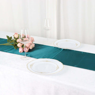Elevate Your Event Decor with the Peacock Teal Seamless Satin Table Runner Elevate Your Event Decor with the Peacock Teal Seamless Satin Table Runner