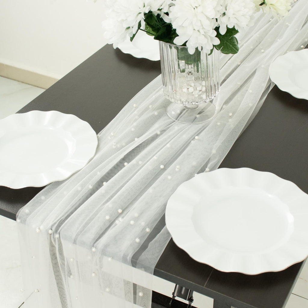 48x120 White Pearl Embellished Sheer Tulle Table Runner, Elegant Formal  Table Linen