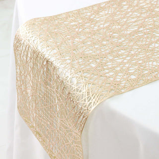 Gold lace table runner on a white tablecloth