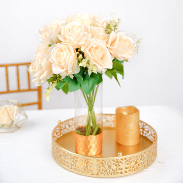 2 Bushes 18" Real Touch Cream Artificial Rose Flower Bouquet, Silk Long Stem Flower Arrangements