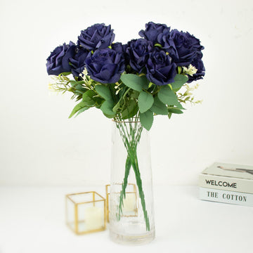 2 Bushes 18" Real Touch Navy Blue Artificial Rose Flower Bouquet, Silk Long Stem Flower Arrangements