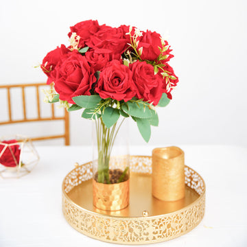 2 Bushes 18" Real Touch Red Artificial Rose Flower Bouquet, Silk Long Stem Flower Arrangements