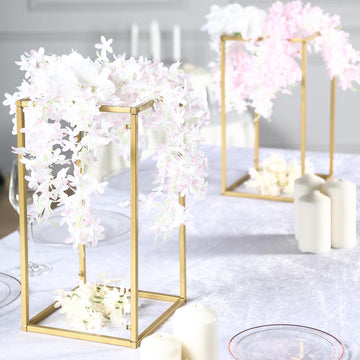 2 Pack 16" Rectangular Gold Metal Wedding Flower Stand, Geometric Column Frame Centerpiece