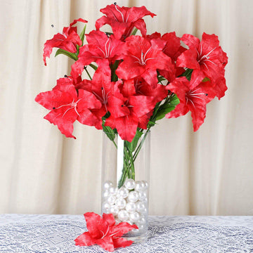 6 Bushes Red Artificial High Quality Silk Lily Flowers, Faux Lilies