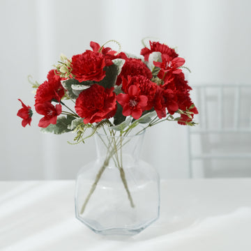 3 Pack 14" Red Artificial Silk Carnation Flower Arrangements, Faux Floral Bouquets Bushes