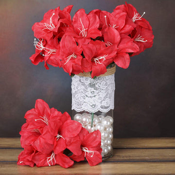 10 Bushes Red Artificial Silk Easter Lily Flowers, Faux Bouquets
