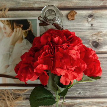 5 Bushes Red Artificial Silk Hydrangea Flower Bouquets