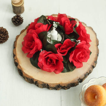 4 Pack 3" Red Artificial Silk Rose Flower Candle Ring Wreaths