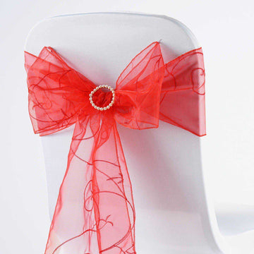 5 Pack 7"x108" Red Embroidered Organza Chair Sashes
