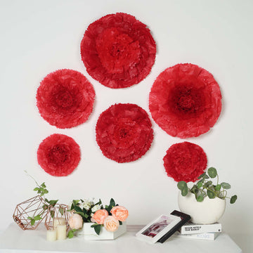 Set of 6 Red Giant Carnation 3D Paper Flowers Wall Decor - 12",16",20"